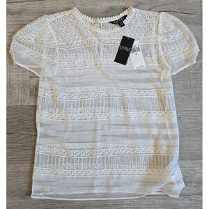 Lauren Ralph Lauren S Black Label Lace-Trimmed Mesh Puff-Sleeve Blouse Woman